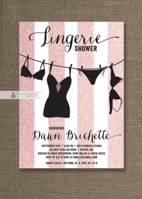Pink & Black Lingerie Shower Invitation Pink Glitter Stripes Modern Bridal