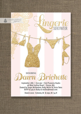 Pink & Gold Lingerie Shower Invitation Gold Glitter Lace Pink Stripes Modern