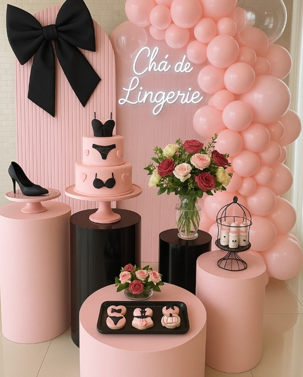 black and pink chic lingerie themed bridal shower setup