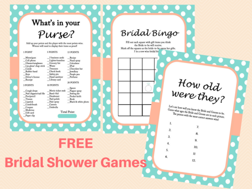Free Printable Bridal Shower Games in mint and coral