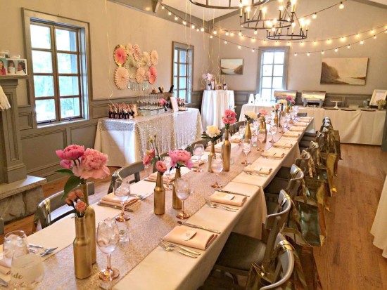 Bubbly Bar Bridal Shower guest tables pink, blush, gold, sparkle runners, bubbly bar