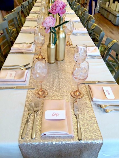 Bubbly Bar Bridal Shower guest tables pink, blush, gold, sparkle runners, bubbly bar ideas