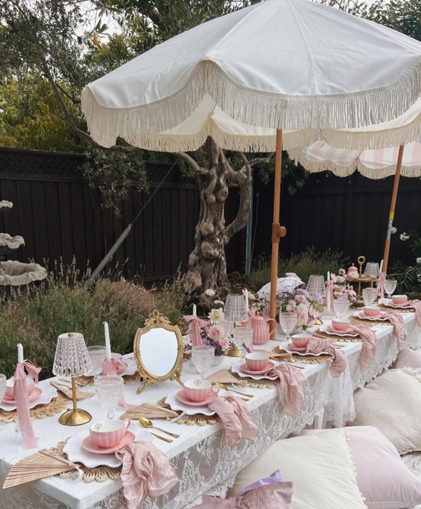 lace pastel Bridgerton bridal shower guest table