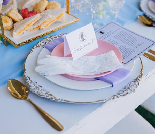 Bridgerton themed bridal shower table setup