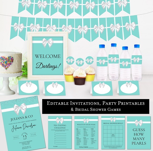printable tiffany bridal shower party package with editable invitation