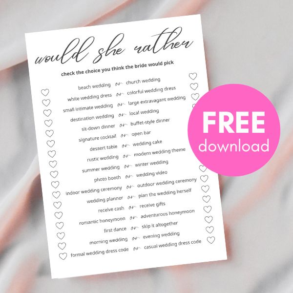 FREE would she rather bridal shower