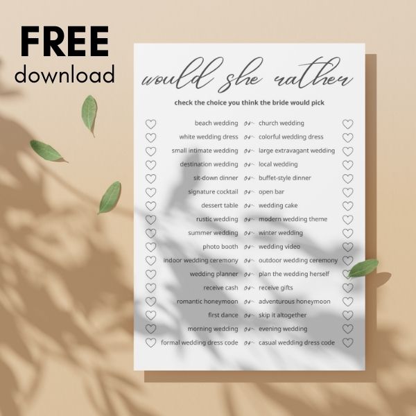 FREE would she rather bridal shower game