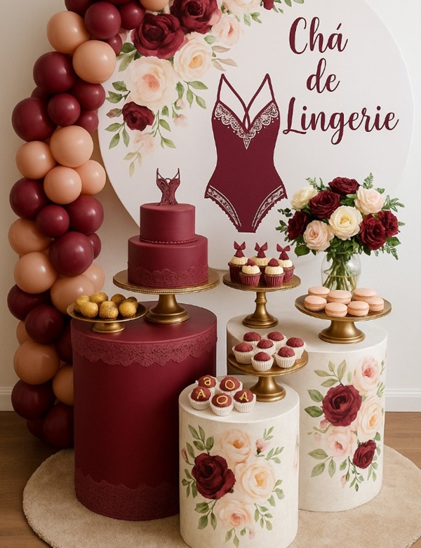 elegant burgundy lingerie bridal shower