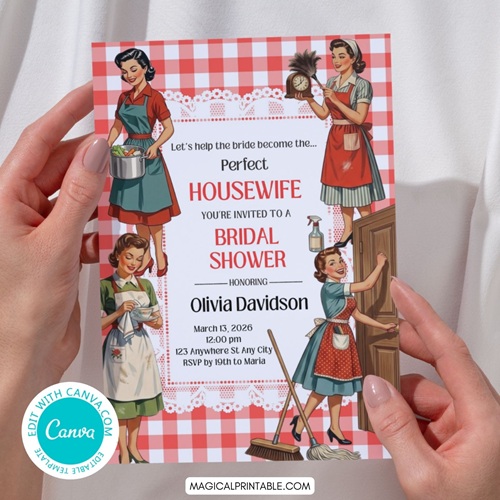 1950 retro housewife themed bridal shower invite