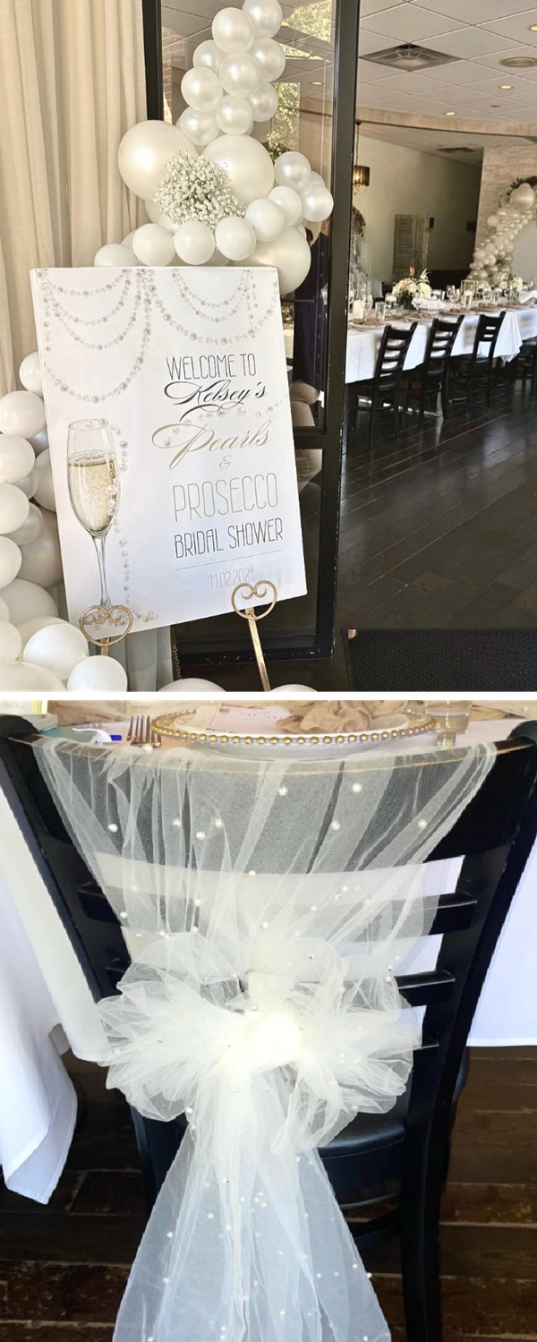 Elegant and classy Pearls and Prosecco Bridal Shower decors