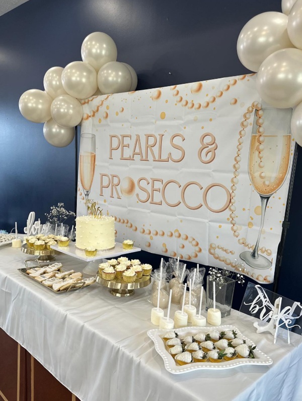 Pearls and Prosecco bridal shower dessert table
