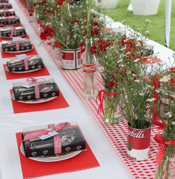 centerpiece glass bottles of Coca Cola and retro food cans